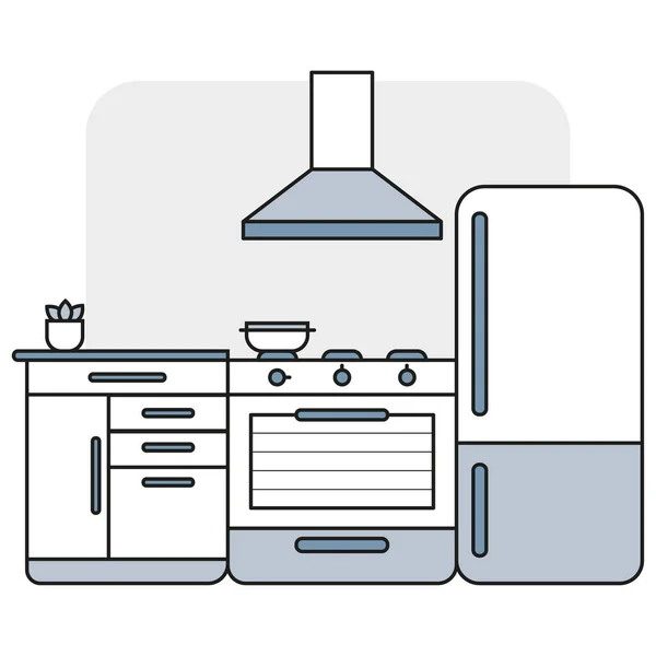 平型のキッチンドローイング 料理の背景 青いキッチン図面と現代の漫画のイメージ ベクトルイラスト ストック画像 Eps — ストックベクタ