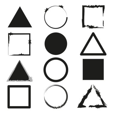 Siyah farklı geometrik şekiller. Duvar sanatı Grunge dokusu. Geometrik sanat. Vektör çizimi. Stok görüntüsü. EPS 10.