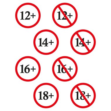 kırmızı yasaklama yaşı. Dikkat işareti. Farklı yaşlarda yasak işaretler. Vektör çizimi. Hisse senedi. EPS 10.