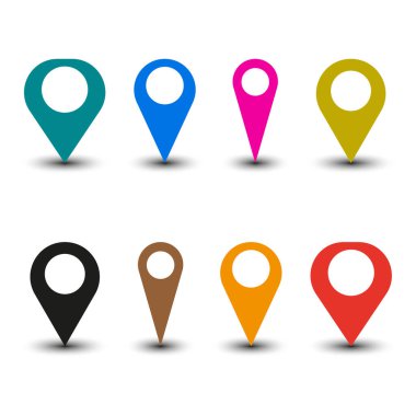 çok renkli raptiyeler. Grafik elementi. GPS haritasının yerini belirle. Vektör çizimi. Hisse senedi. EPS 10.