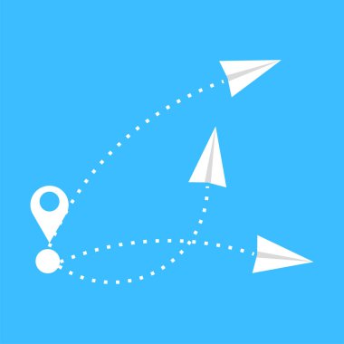 Kağıt uçak yolu iğnesi. Kağıt uçak. Hava ulaşımı. Vektör çizimi. EPS 10.