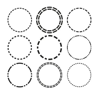 Radikal, yayılan, kesikli çizgi çemberlerinin dairesel halkalarını birleştiren. Periyodik, nadir parçalar, parçacıklar. Vektör çizimi. EPS 10.