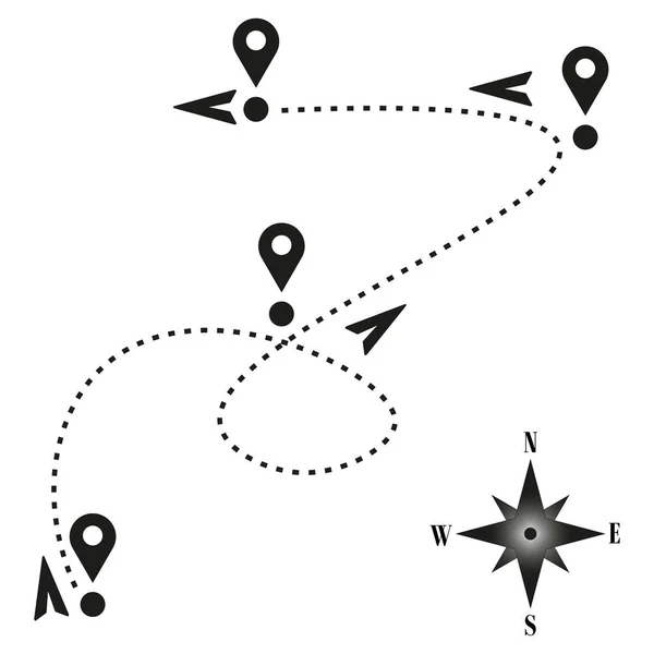Path Pin Stylu Čmáranice Cestovní Cesta Větrná Růžice Vektorová Ilustrace — Stockový vektor