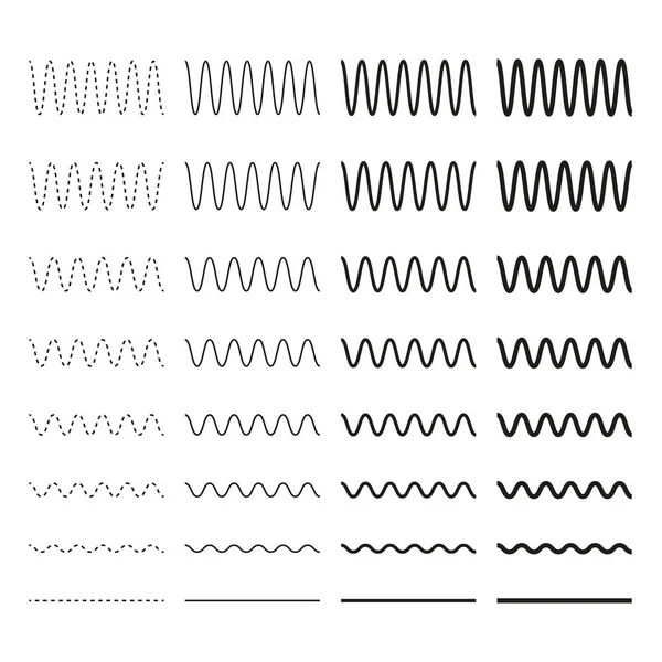 波状またはジグザグラインのコレクション 水平の細い線の波 点線だ 大きなセットブラックカラー ベクトルイラスト Eps — ストックベクタ