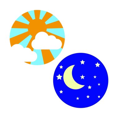 Gündüz ve gece logosu. Uyku uyandırma ritmi konsepti. Ay ve yıldızlar, güneş ve gökyüzündeki bulutlar. Vektör çizimi. EPS 10.