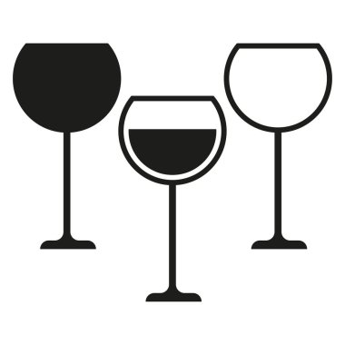 Şarap kadehi ikonu. Dolu, yarı dolu, boş şarap kadehleri. Vektör çizimi. EPS 10.