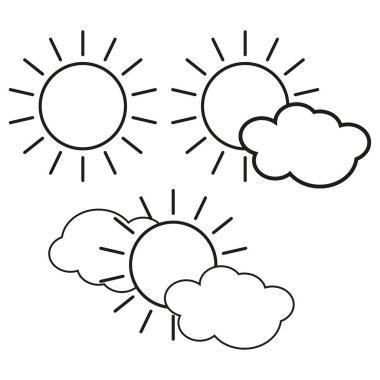 Güneş ikonu. Güneş bulutun arkasında, güneş bulutun yanında. Vektör çizimi. EPS 10.