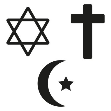 Üç dünya dininin sembolleri. Yahudilik, Hristiyanlık ve İslam. Vektör çizimi. EPS 10.