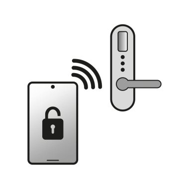 Akıllı kilit simgesi, kapıyı açmak için telefon anahtarı ve otomatik elektronik açma ekranı, dijital erişimi olan aygıt. Vektör çizimi. Stok görüntüsü. EPS 10.