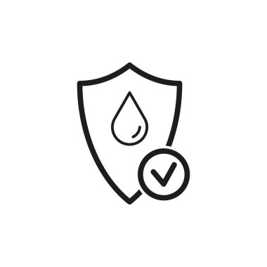 Kalkan simgesi. Suya dayanıklı. Su damlası. Su geçirmez ikon. Yağmur, kirlilik koruması. Güvenlik simgesi. Koruma ikonu. Su, petrol güvenliği. Vektör çizimi. Stok görüntüsü. EPS 10.