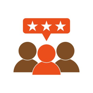 Sohbet baloncuğu renkli ikonda yıldızlar olan insanlar. Pozitif geribildirim sembolü simgesi. Müşteri memnuniyeti, mutlu müşteri ikonu. Vektör çizimi. Eps 10. Resim yükle.