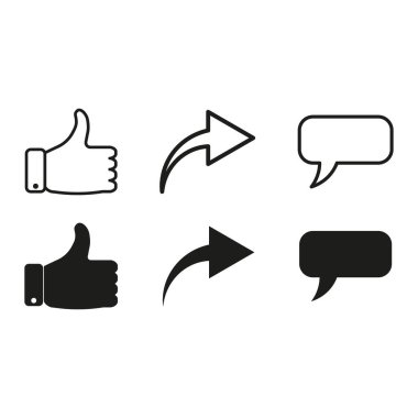 Baş parmaklar yukarı ve repost ve yorum simgeleri ile. Empatik emoji reaksiyon simgesi seti. Sosyal medya ikonu. Vektör çizimi. EPS 10. Resim yükle.