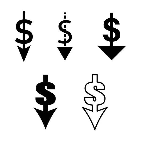 费用削减图标集 带有箭头的货币符号 美元贬值的迹象 美元向下图标 矢量图解 Eps 股票形象 — 图库矢量图片