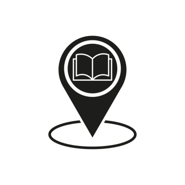 Kitap konumu simgesi. Kütüphane konumu sembolü. Jeotag kitapçısı, okul, üniversite ikonu. Vektör çizimi. EPS 10. Resim yükle.