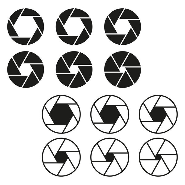 Set of camera lens aperture icons with different position of a diaphragm petals. Camera shutter. Vector illustration. EPS 10. Stock image.