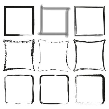 Dikdörtgen çerçeve. Grunge mürekkep karesi. Etiketler, etiketler, kartlar için yaratıcı altyapılar. Fırça darbeleri kare çerçeve elementleri. Vektör çizimi. EPS 10. Resim yükle.
