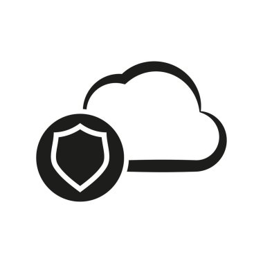 Bulut depolama veri koruma simgesi. Bulut hesaplama simgesi. Güvenlik kalkanı silueti sembolü. Vektör çizimi. EPS 10. Resim yükle.