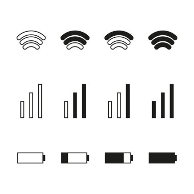 Mobil arayüz simgeleri. Batarya şarjı, kablosuz ağ sinyali seti. Mobil bağlantı sinyali, seviye simgeleri. Vektör çizimi. EPS 10. Resim yükle.