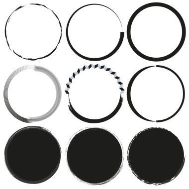 Bir dizi dairesel tasarım, temiz ve titiz, pasaklı ve elle çizilmiş, logolar ve yaratıcı projeler için idealdir. Vektör çizimi. EPS 10. Resim yükle.