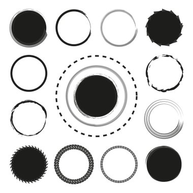 Değişik dairesel çerçeveler. Fırça darbeleri için sağlam dolgular. Geometrik ve sanatsal sınırlar. Vektör çizimi. EPS 10. Resim yükle.