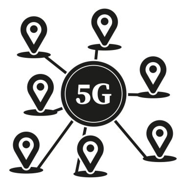 5G ağı küresel kapsama alanı. Konum iğneleri bağlantıyı sağlıyor. Hızlı, gelişmiş teknoloji. Vektör çizimi. EPS 10. Resim yükle.