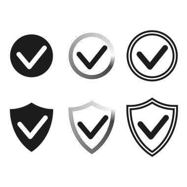 İşaretli kalkan, güvenlik simgesi, onay sembolü. Kalite güvencesi. Onaylı rozet. Vektör çizimi. EPS 10. Resim yükle.