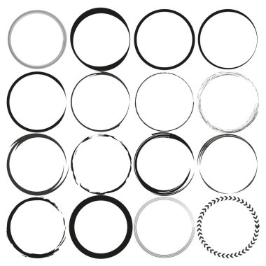 Soyut çemberler, fırça sanatı. İzole karalamalar, grunge. Basit mürekkep çizimi. Geometrik tasarım seti. Vektör çizimi. EPS 10. Resim yükle.