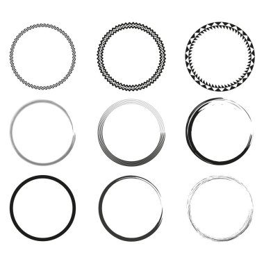 Çember tasarımlarının çeşitliliği. Geometrik ve organik stiller. Zarif yuvarlak şekiller. Vektör çizimi. EPS 10. Resim yükle.