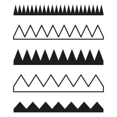 Siyah zikzak desenleri ayarlandı. Çeşitli üçgen kenarlar. Yatay çizgi tasarımları. Vektör çizimi. EPS 10. Resim yükle.