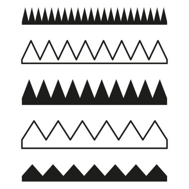Siyah zikzak desenleri ayarlandı. Çeşitli üçgen kenarlar. Yatay çizgi tasarımları. Vektör çizimi. EPS 10. Resim yükle.