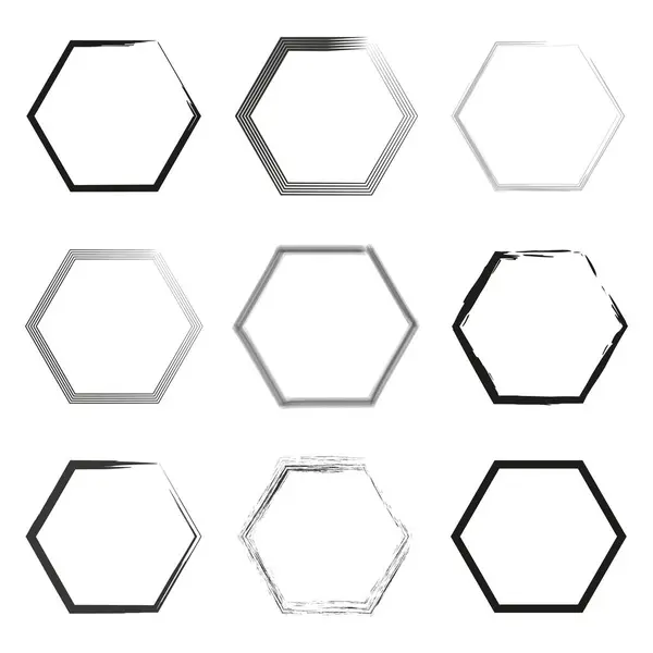 Altıgen çerçeve tasarımları koleksiyonu. Çeşitli çizgilere sahip geometrik şekiller. Vektör çizimi. EPS 10. Resim yükle.