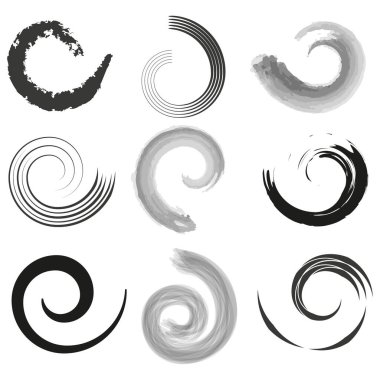 Dönme kalıpları ayarlandı. Soyut spiral elementler. Dinamik dönüş tasarımları. Girdap koleksiyonu şekillendirir. Vektör çizimi. EPS 10. Resim yükle.