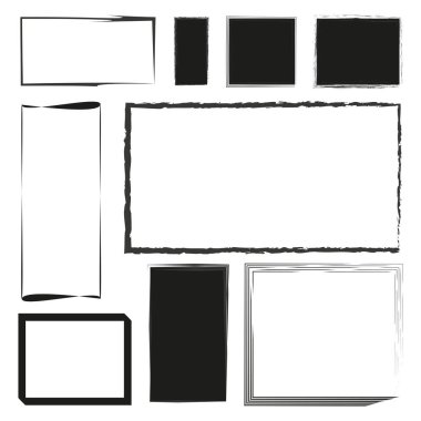 Çeşitli siyah çerçeve koleksiyonu. Değişik şekiller ve fırça darbeleri. Çamur ve temiz sınırlar. Vektör çizimi. EPS 10. Resim yükle.