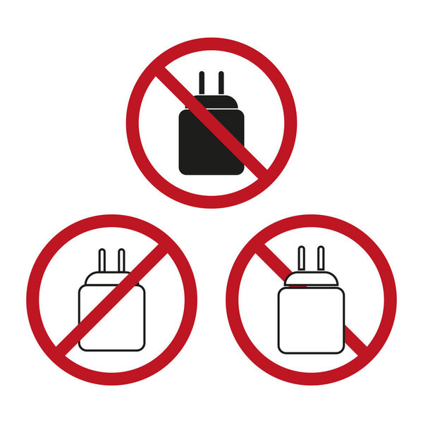 No plug sign. Red circle prohibition symbol. Electrical safety concept. Vector illustration. EPS 10. Stock image.