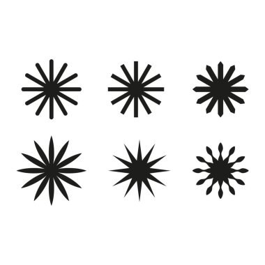 Soyut yıldız patlaması simgeleri. Radyal patlama elementleri. Dikenli güneş sembolleri. Vektör çizimi. EPS 10. Resim yükle.