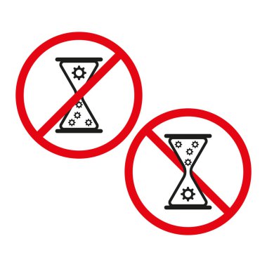 Boşa zaman harcamak yok. Vektör kum saati yasaklama işaretleri. Verimlilik ve verimlilik kavramı. EPS 10.