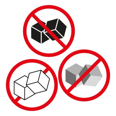 Üç boyutlu küp ile yasaklama işaretleri. Kutu ve bloklara izin verilmiyor. Vektör kısıtlama simgeleri. Kırmızı ve siyah tasarım. EPS 10.