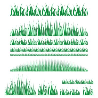 Beyaz arkaplanda yatay olarak gösterilen çeşitli yeşil çimen vektör tasarımları koleksiyonu. EPS 10.
