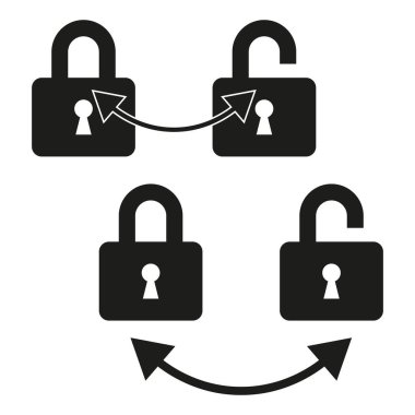 Simgeleri kilitle ve aç. Ok bağlantı sembolleri. Vektör illüstrasyon seti. Siyah ve beyaz. EPS 10.