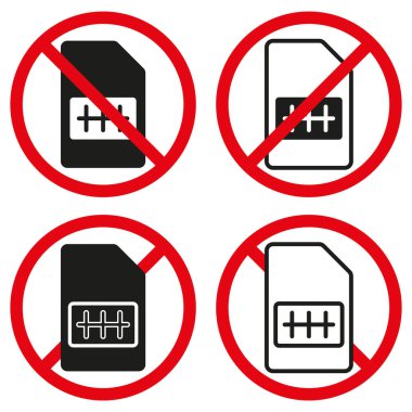 SIM kart simgesi yok. Yasak kırmızı daire. Siyah ve beyaz vektör. İletişim yasağı. EPS 10.