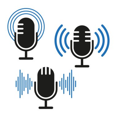 Mikrofon ses simgeleri. Mavi ses dalgaları. Siyah mikrofon tasarımı. Yayın sembolleri. EPS 10.