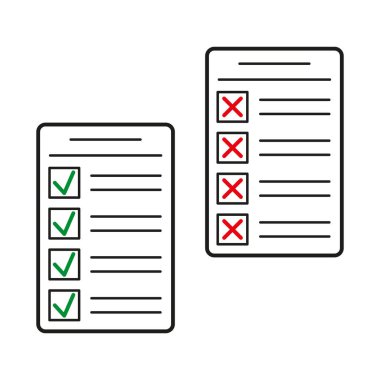 Kontrol listesi simgesi seti. Yeşil işaretler ve kırmızı haçlar. Siyah ve beyaz. Vektör çizimi. EPS 10.