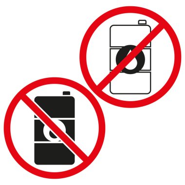 Yakıt ikonu yok. Benzin bidonu sembolü. Kırmızı yasaklama işareti. Siyah ve beyaz vektör. EPS 10.