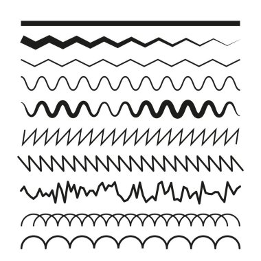 Çeşitli çizgiler. Farklı dalga ve zigzag tasarımları. Siyah vektör çizimleri. Dekoratif sınır koleksiyonu. EPS 10.