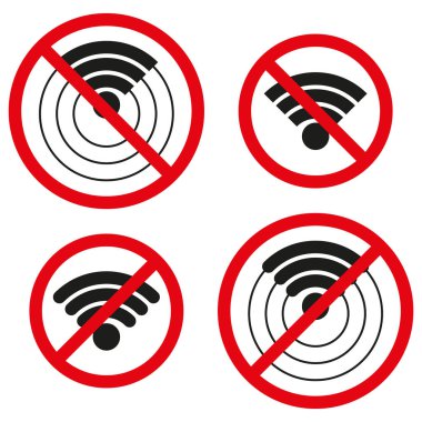 WiFi bölgesi sembolleri koleksiyonu yok. Kablosuz ağ erişimi yasaklanmış simgeler. Vektör elektromanyetik dalga kısıtlaması. EPS 10.