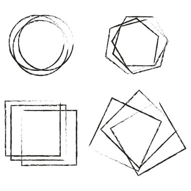 Soyut şekil vektörü. Geometrik karalama tasarımları. Dairesel ve çokgen çerçeveler. Sanatsal eskiz unsurları. EPS 10.