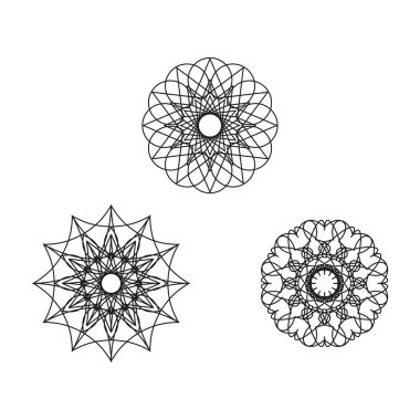 Geometrik mandala seti. Karmaşık siyah desenler. Dairesel dekoratif tasarımlar. Vektör çizimi. EPS 10.