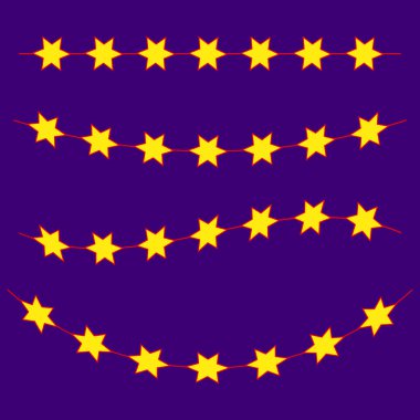 Sarı yıldız çelenkleri. Kırmızı ip. Mor arka plan. Şenlikli vektör tasarımı. EPS 10.