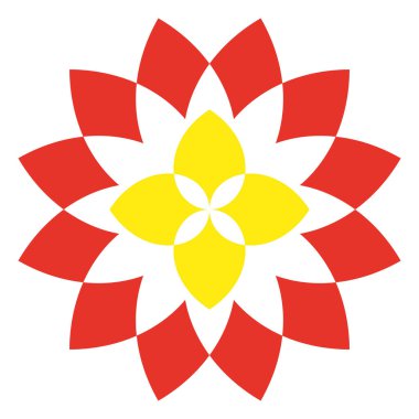 Soyut çiçek vektörü. Geometrik çiçek deseni. Kırmızı ve sarı yapraklar. Basit grafik tasarımı. EPS 10.