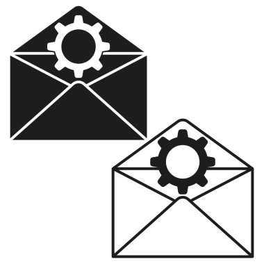 Teçhizatlı zarf. E- posta ayarları simgesi. Siyah ve beyaz. Vektör grafik. EPS 10.